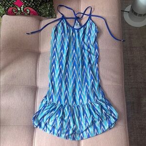 Made in Italy casual chic Cotazur Blue and Aqua Zigzag Midi Dress - gold accents